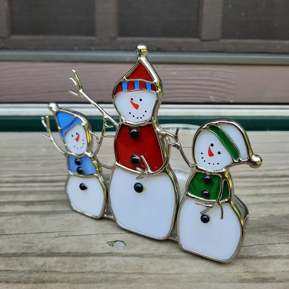 Stained Glass 3 Snowmen Votive Candle Holder Winter Christmas